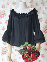 Bequemes Lolita Hemd aus Chiffon mit Dreiviertelärmeln in Schwarz
