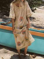 Übergroße Boho Kleid Square Neck kurzen Ärmeln Blumen Sommerkleid