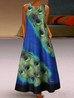Übergroße Maix Kleid Frauen mit V-Ausschnitt Ärmel Peacock gedrucktes lange Kleid