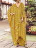 Übergroße Maxikleider Gelber V-Ausschnitt 3/4 Länge Ärmel Polka Dot Langes Kleid Für Frauen