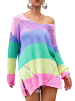 Übergroße Pullover Regenbogen Streifen Frauen V-Ausschnitt mit langen Ärmeln Pullover Strickwaren