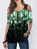 Übergroße Tees Kalte Schulter Spitzeneinsatz Blumendruck Sommer Tops