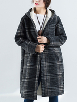 Übergroße Wintermantel mit Kapuze Plaid Fleece gefüttert Langarm Mantel