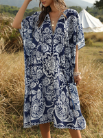 Übergroßes Boho-Kleid mit V-Ausschnitt und kurzen Ärmeln; geteiltes Strandkleid