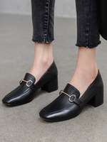 Black Leder Loafers Square Toe Metall Details Freizeitschuhe Damenschuhe
