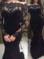 Black Loyal Brautkleider Lace Mermaid Long Sleeves Natürliche Taille Spitze Mit Zug Brautkleid