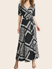 Black Maxi Kleider Kurze Ärmeln Blumengedruckte V-Ausschnitt Geknotet Kleid Kordelzug Polyester Bodenlangen Kleid