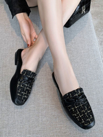 Black Mule Loafers Leder Square Toe Bow Slip On Pantoletten