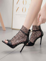 Black Sandal Booties Damen Open Toe Cut Out Strass High Heel Sandalenschuhe