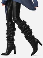 Black Slouch Boots Damen Leder Black Pointed Toe Chunky Heel Kniehohe Stiefel
