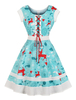 Blau mit Print Rockabilly Kleid 1950er Jahre und Schnüren und kurzen Ärmeln und Rundkragen Polyester Petticoat Kleid