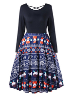 Blau Rockabilly Kleid mit Print und langen Ärmeln und Rundkragen Polyester 1950er Jahre Petticoat Kleid