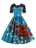Blau Weihnachten-Motiv Rockabilly Kleid mit Spitzen und kurzen Ärmeln und Rundkragen Polyester 1950er Jahre Petticoat Kleid