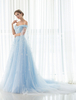 blau Brautkleid mit Bateau-Kragen und Schulterfrei und Schnürung Pastellblau