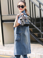 Blau Denim Weste 2020 Frauen Revers Halsband Ärmellos Lange Weste Jacke