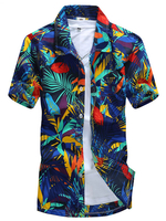 Blau Freizeithemd 2020 Herren Leaf Gedruckt Kurzarm Sommer Strand Shirt