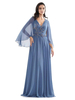 Blau Grau Partykleid Für Mutter der Braut Chiffon Schal V-Ausschnitt Langarm A-Linie Applique Bodenlange Hochzeitsgast Kleider Outfit