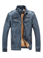 Blau Motorrad Jacke Stehkragen Tasche Reißverschluss Plüsch Futter Langarm PU Lederjacke für Männer