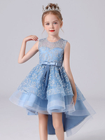 Blaue Blume Mädchen Kleider Juwel Hals ärmellose kurze Prinzessin Kleid Schärpe Spitze Kinder Partykleider