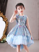 Blaue Blume Mädchen Kleider Juwel Hals ärmellose Schleifen Kinder Social Party Kleider Prinzessin Kleid