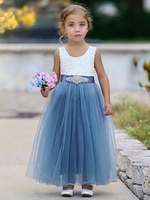 Blaue Blumenmädchenkleider Jewel Neck Ärmellose Schärpe Kinder Partykleider