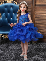 Blaue Blumenmädchenkleider Jewel Neck Ärmelloser Reißverschluss Polyester Baumwolle Kinder Partykleider