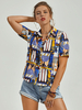Blaue Bluse für Frauen Geometrisch geknotete Knöpfe Turndown-Kragen Kurzarm Polyester T-Shirt Casual Tops