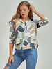 Blaue Bluse für Frauen Geometrische Knöpfe Turndown-Kragen Halbarm Polyester Casual Tops Sommerhemd