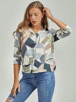 Blaue Bluse für Frauen Geometrische Knöpfe Turndown-Kragen Halbarm Polyester Casual Tops Sommerhemd