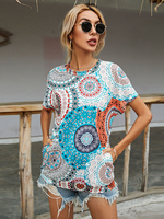 Blaue Bluse für Frauen Polyester Baumwolle Jewel Neck Bohemian Geometric Kurzarm T-Shirt