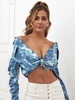 Blaue Bluse für Frauen Zweifarbige geknotete Knöpfe Turndown-Kragen Classic Langarm Polyester Sexy Tops