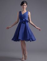 Blaue Brautjungfer Kleid kurze offene Rückseite Flower Chiffon Wedding Party Dress
