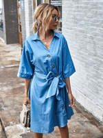 Blaue Etuikleider für Damen mit halben Ärmeln; geschichtetem; lässigem Tunika-Kleid mit V-Ausschnitt