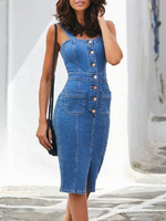Blaue figurbetonte Kleider Denim Button Up rückenfreies sexy Bleistiftkleid