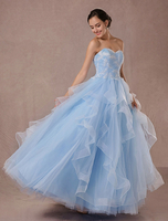 Blaue Hochzeitskleid Tüll Ball Kleid Spitze Applique trägerloser Ausschnitt Sicke Prinzessin Brautkleid rückenfrei bodenlangen Festzug Kleid