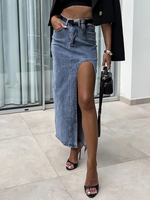 Blaue Jeansröcke mit hoher Taille geteilt Frühling Sommer lässig Damen