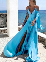 Blaue Maxikleider Langärmliges; geteiltes Strandkleid mit kalter Schulter