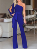 Blaue One-Shoulder Long Sleeves Schärpe Open Shoulder Polyester Flared Summer One Piece Outfit