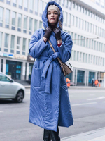 Blaue Puffermäntel für Frauen Lange Taschen Schnüren lange Ärmel Lässige Winter-Kapuzenmantel-Oberbekleidung