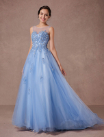 Blaue Spitze Hochzeitskleid Tüll Brautkleid Illusion Ausschnitt Applique Friesen a-line Festzug Kleid Kapelle Zug Luxus Quinceanera DressDress