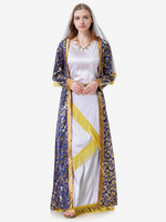 Blauer Damen-Retromantel mit Kopfbedeckung und Blumendruck Urlaubskostüme