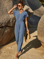 Blauer grauer Overall mit V-Ausschnitt und kurzen Ärmeln; Reißverschluss; Stretch-Polyester; gerades Sommer-One-Piece-Outfit