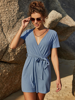Blauer grauer Playsuit mit kurzen Ärmeln und V-Ausschnitt aus Stretch-Polyester mit geradem Sommer und einem Stück