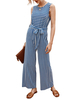 Blauer Jumpsuit Damen Jewel Neck Ärmelloser gestreifter Schnür-Spielanzug mit geradem Bein