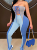 Blauer Jumpsuit Farbblock Trägerlos Ärmellos Ausgeschnitten Kordelzug Trägerloses Polyester Tapered Fit Sommer One Piece Outfit