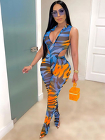 Blauer Jumpsuit Printed Pattern V-Ausschnitt Ärmelloser Reißverschluss Stretch Lycra Spandex Skinny Summer Playsuit