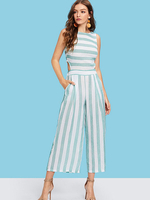 Blauer Overall für Frauen Streifenmuster Juwelenhals Ärmelloses Polyester Breites Sommer-One-Piece-Outfit