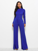 Blauer Overall mit hohem Kragen und langen Ärmeln Plissee Asymmetrisches Polyester Breites Sommer-One-Piece-Outfit