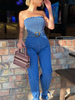 Blauer Overall Trägerloser Hals Schnürung Unregelmäßiges Polyester Straight Cowboy Summer One Piece Outfit