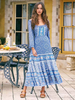 Blaues Boho-Kleid für Damen Schnürung Juwelenhals Halbe Ärmel Blumendruck Polyester Boho Maxi-Kleid